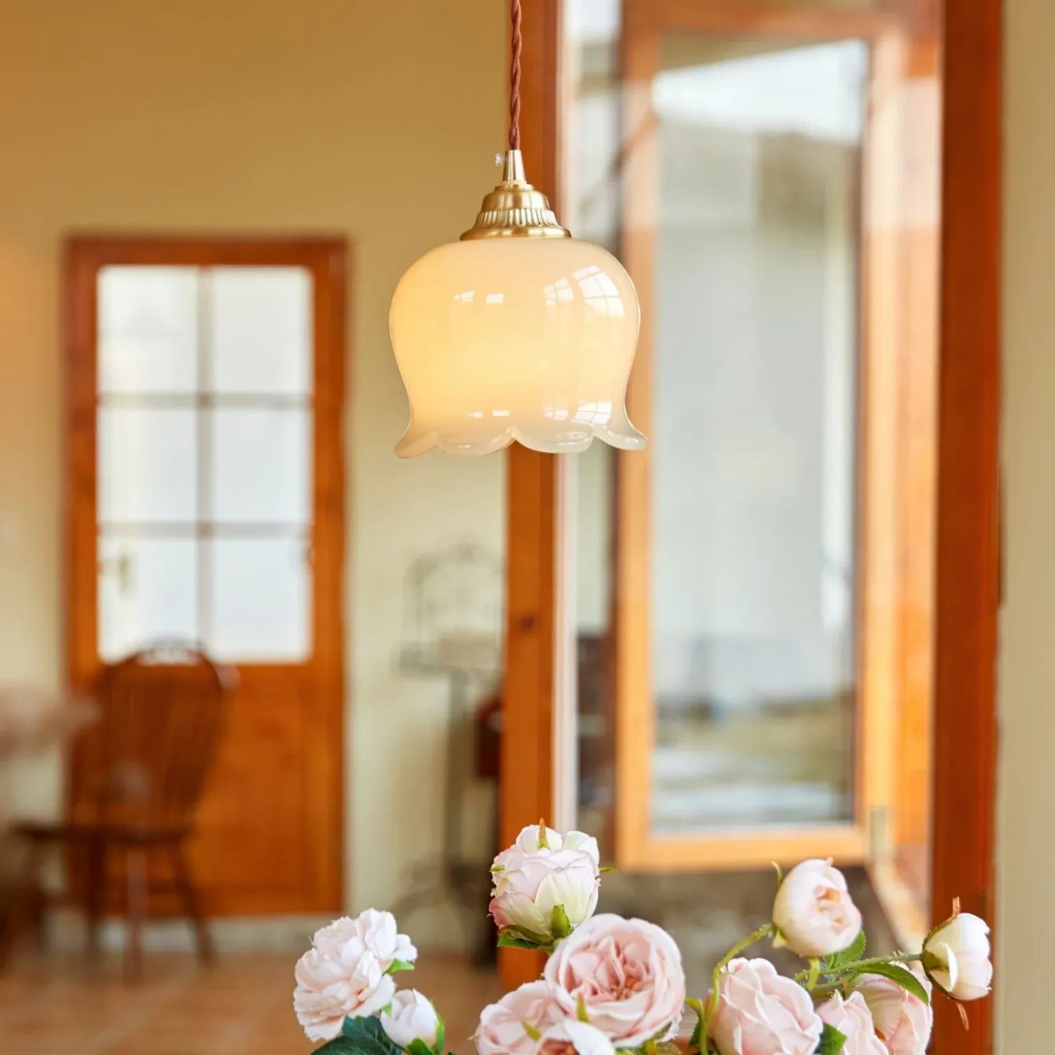 Jade Vintage Flower Alabaster Pendant Light Bedroom Living Dining Room