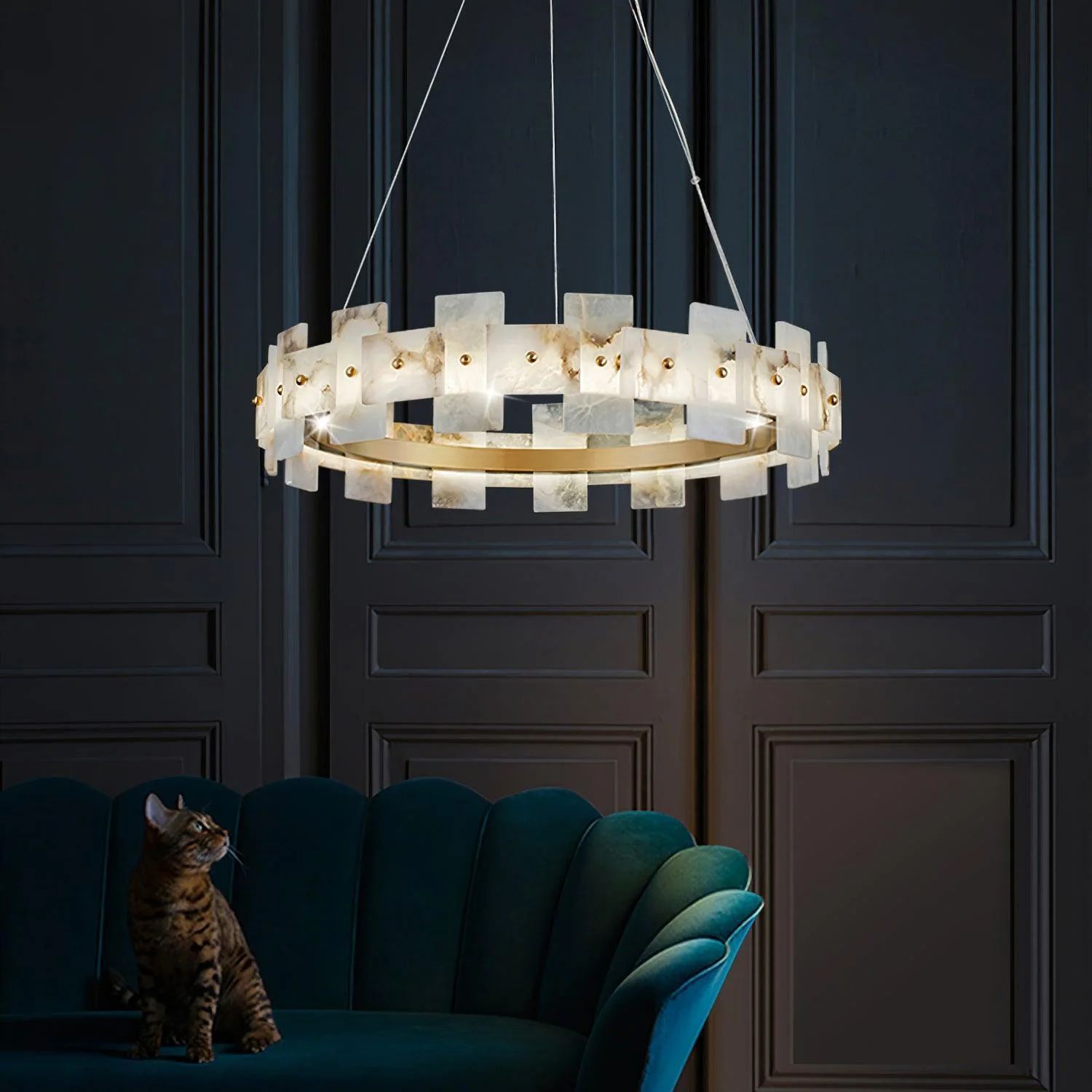 Valentina Gorgeous Ring Alabaster Brass Chandelier Living Room Bedroom