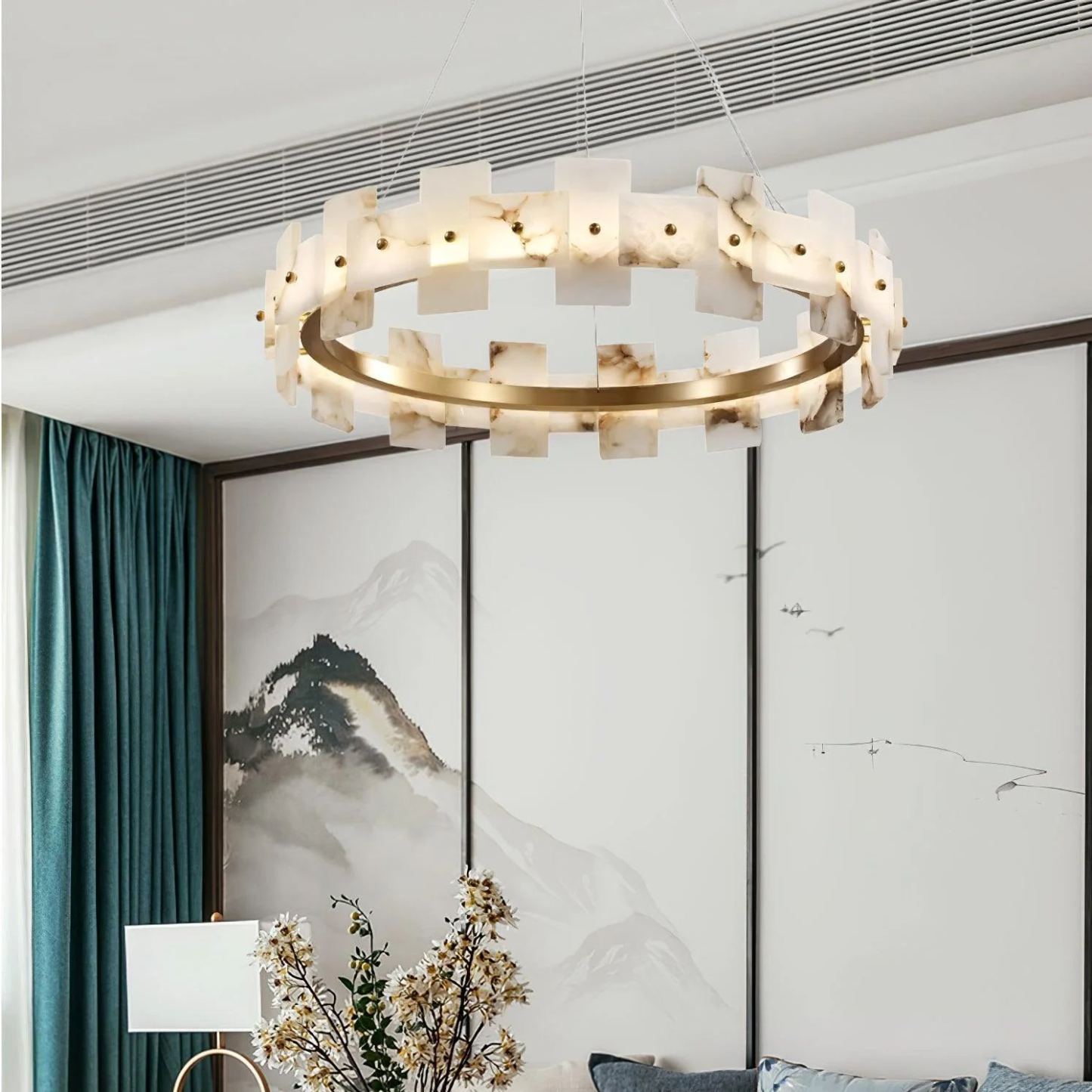 Valentina Gorgeous Ring Alabaster Brass Chandelier Living Room Bedroom