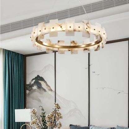 Valentina Gorgeous Ring Alabaster Brass Chandelier Living Room Bedroom
