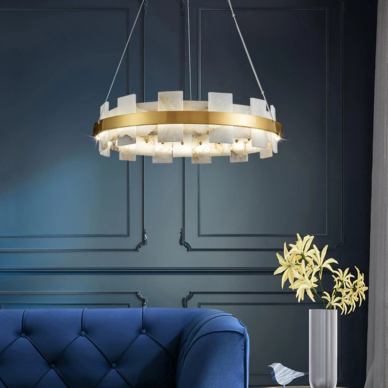 Valentina Gorgeous Ring Alabaster Brass Chandelier Living Room Bedroom