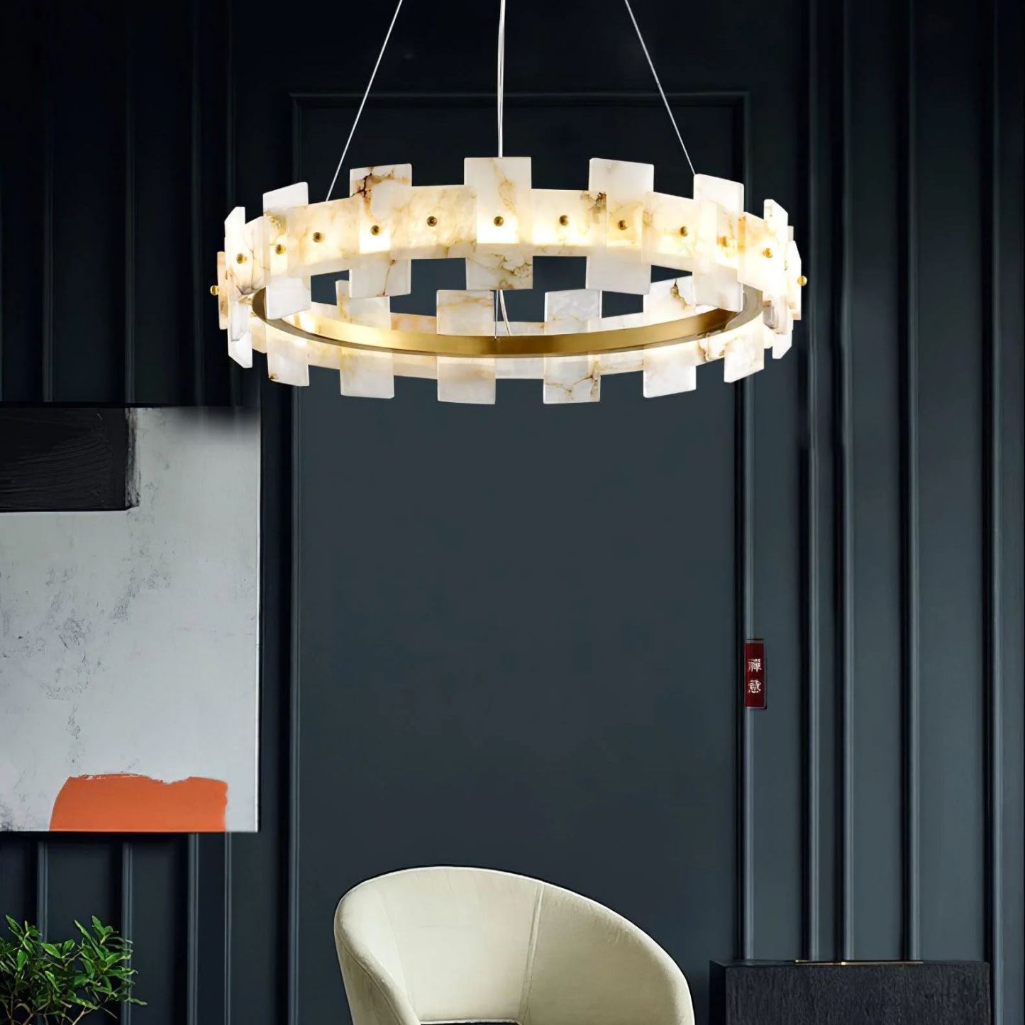 Valentina Gorgeous Ring Alabaster Brass Chandelier Living Room Bedroom