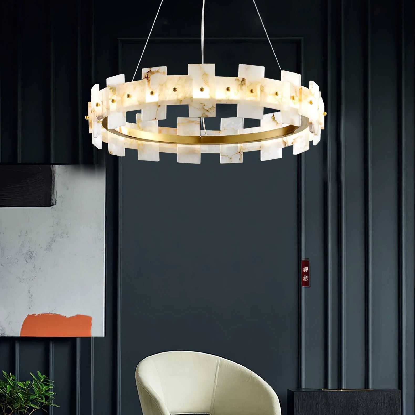 Valentina Gorgeous Ring Alabaster Brass Chandelier Living Room Bedroom