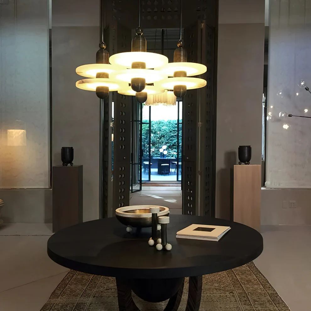 Jade Modern Comet Round Metal Alabaster Pendant Light Dining Bathroom