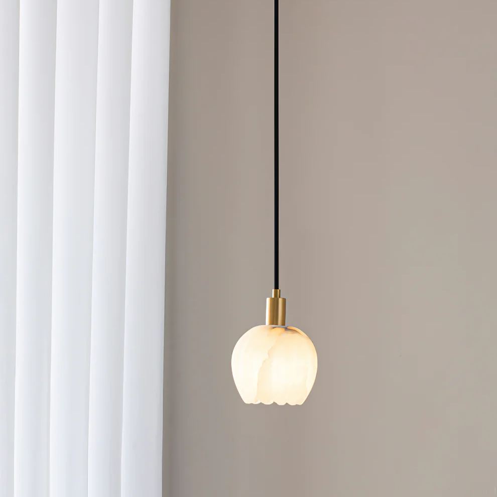 Jade Modern Round Flower Metal Alabaster Pendant Light Bedroom Dining Room