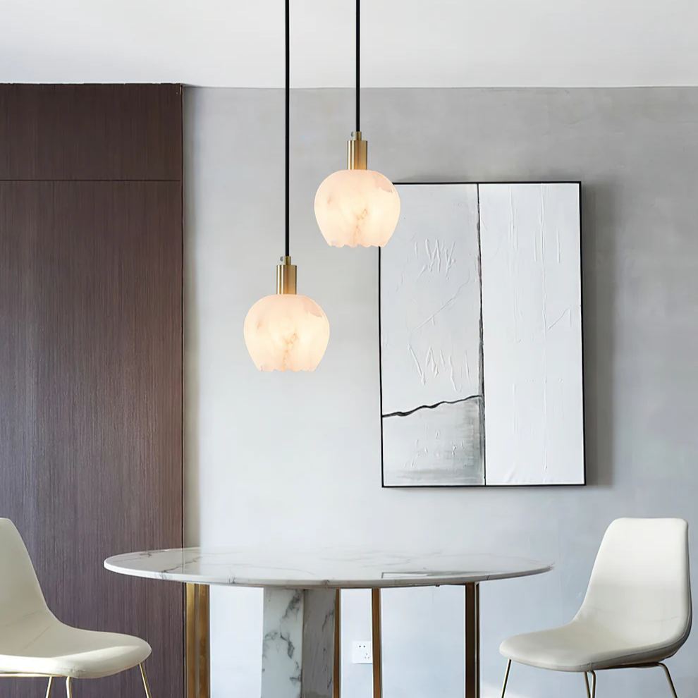 Jade Modern Round Flower Metal Alabaster Pendant Light Bedroom Dining Room
