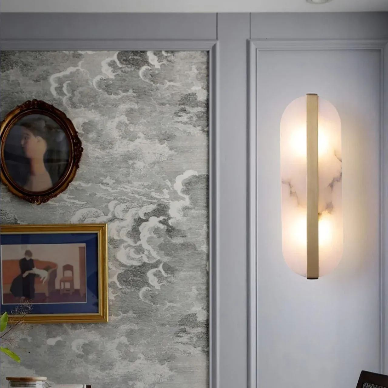 Jade Modern Oval Alabaster Brass Wall Lamp Living Room Bedroom