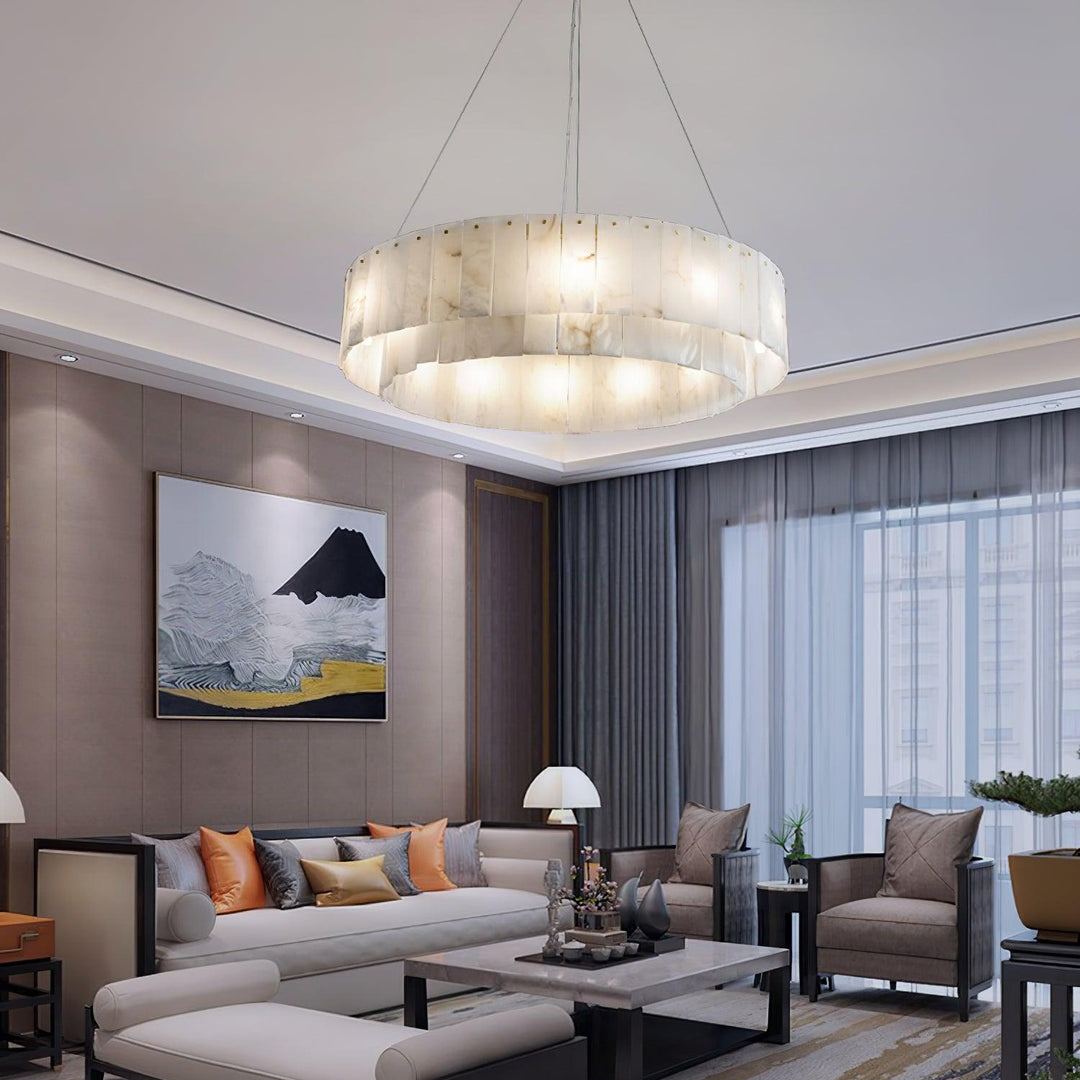 Jade Modern Alabaster Brass Drum Chandelier Dining Room Living Room