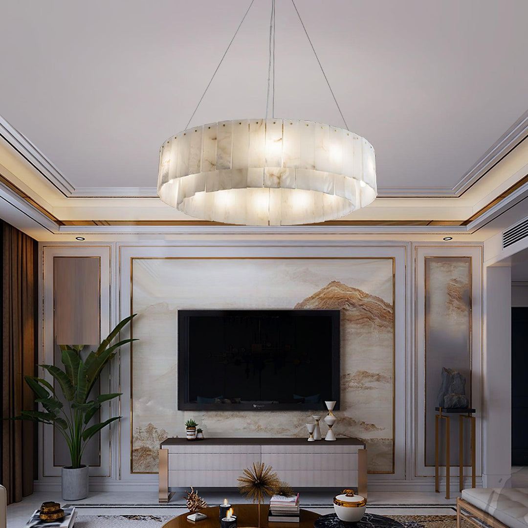 Jade Modern Alabaster Brass Drum Chandelier Dining Room Living Room