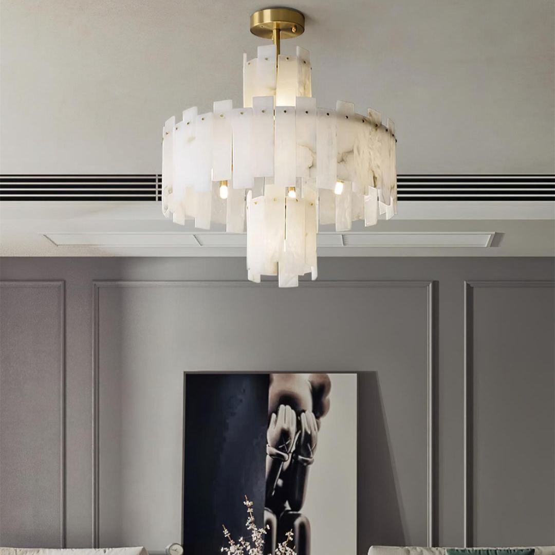 Jade Alabaster Brass Tiered Modern Chandelier Living Room Dining Room