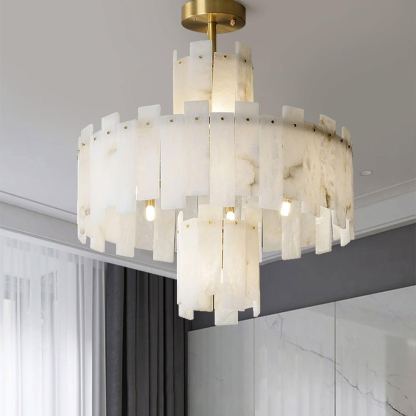 Jade Alabaster Brass Tiered Modern Chandelier Living Room Dining Room