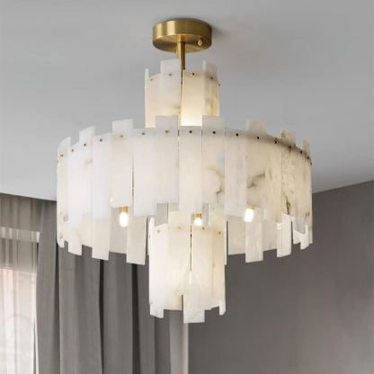 Jade Alabaster Brass Tiered Modern Chandelier Living Room Dining Room