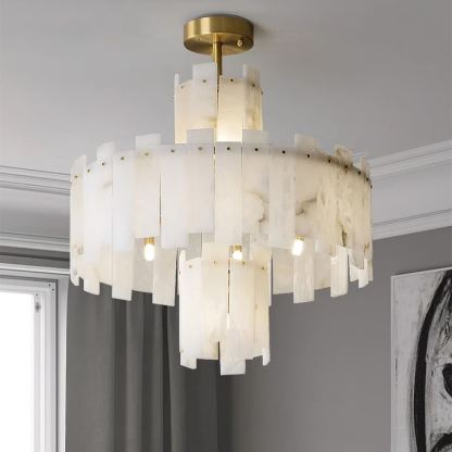 Jade Alabaster Brass Tiered Modern Chandelier Living Room Dining Room
