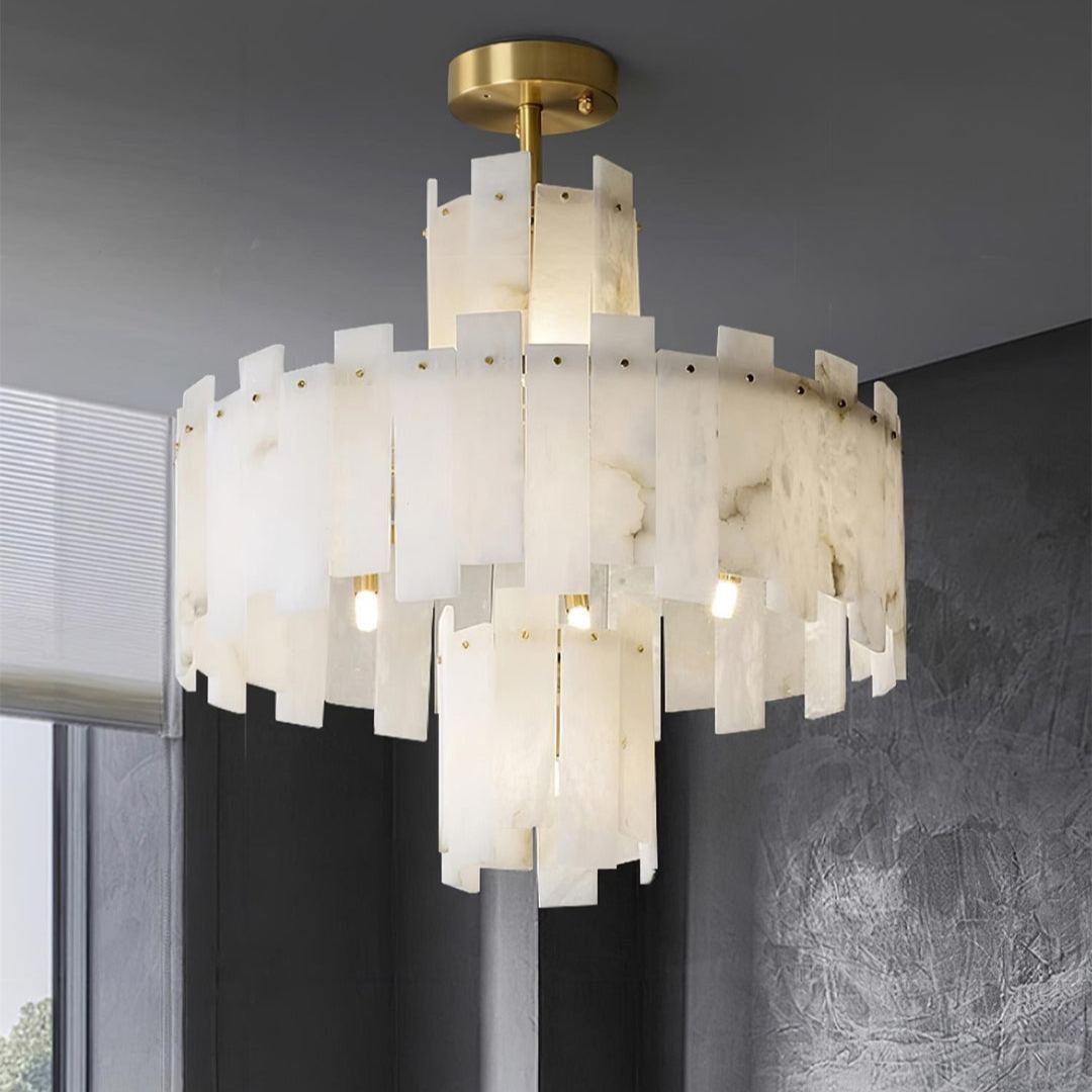 Jade Alabaster Brass Tiered Modern Chandelier Living Room Dining Room