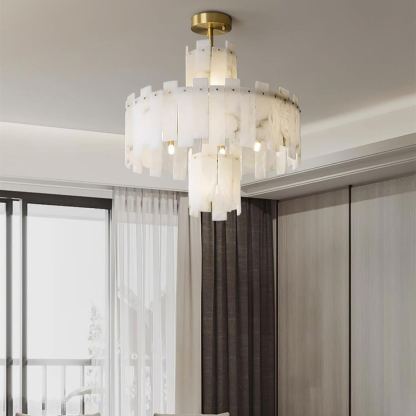 Jade Alabaster Brass Tiered Modern Chandelier Living Room Dining Room