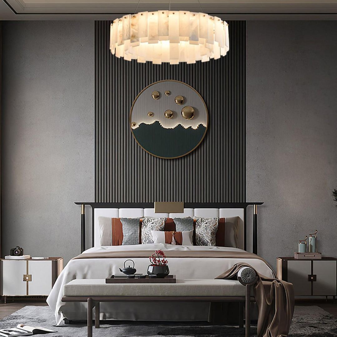 Jade Contemporary Alabaster Round Brass Chandelier Living Room