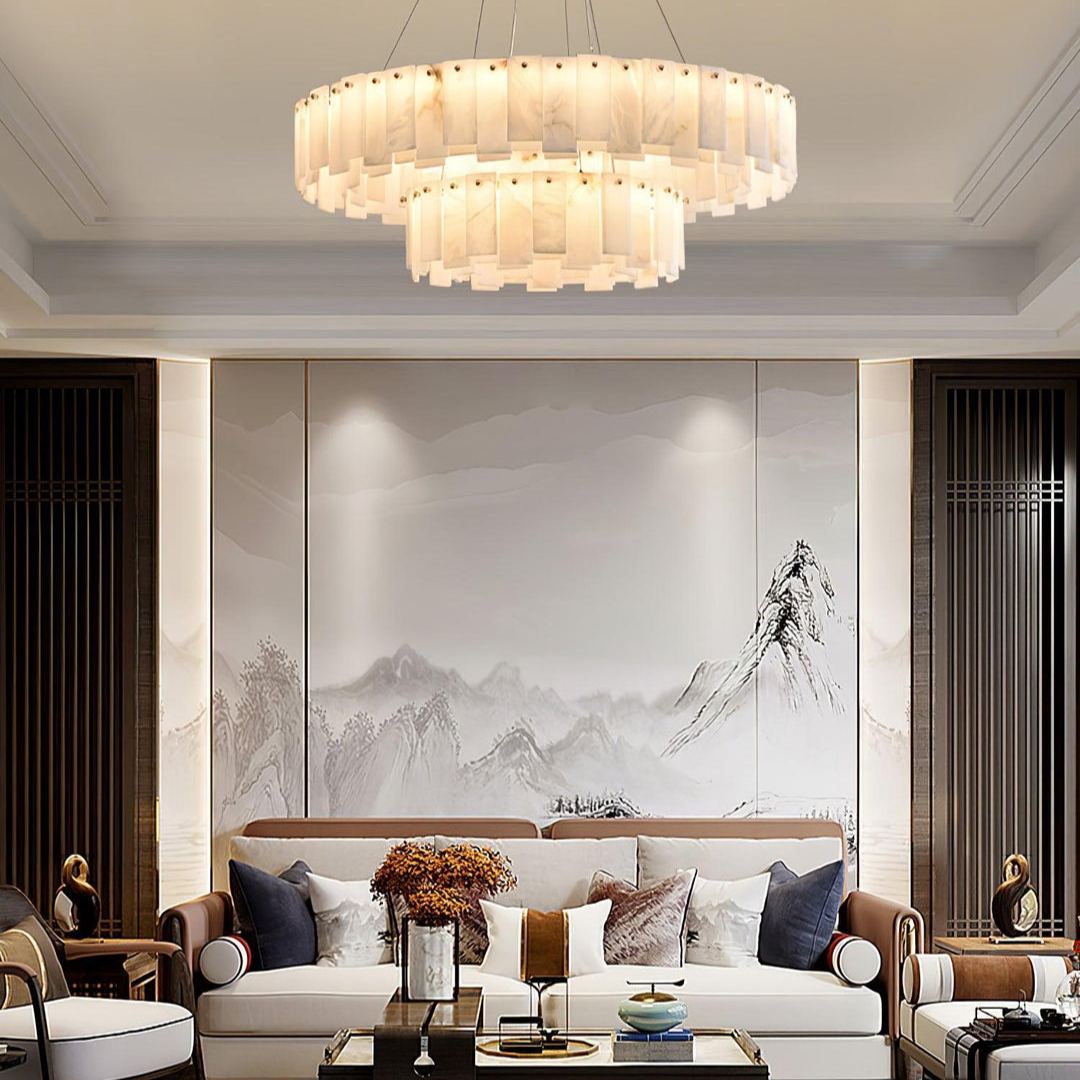 Jade Contemporary Alabaster Round Brass Chandelier Living Room