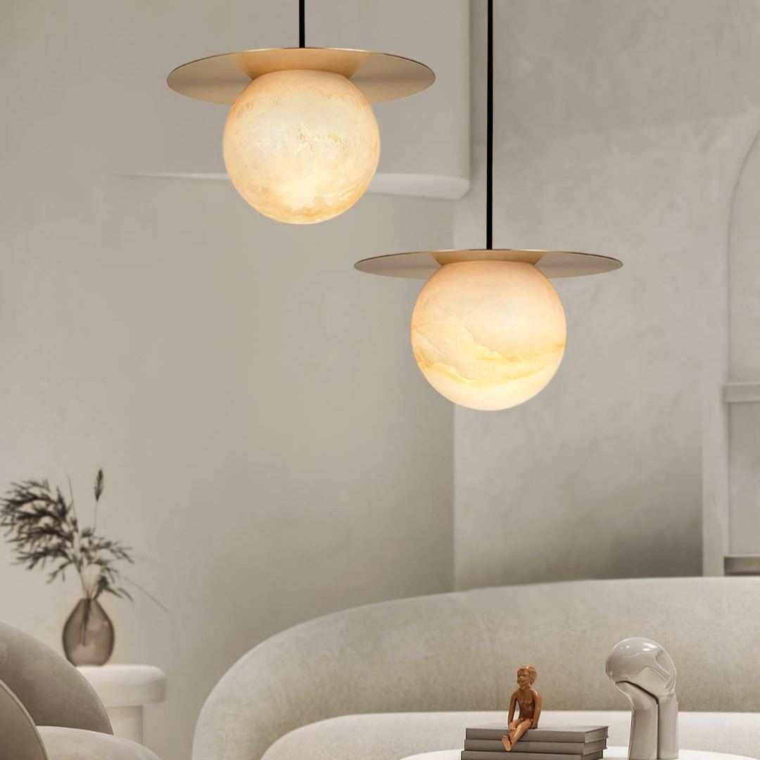 Jade Alabaster Spherical Brass Modern Pendant Light Dining Room