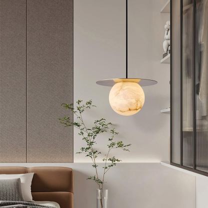 Jade Alabaster Spherical Brass Modern Pendant Light Dining Room