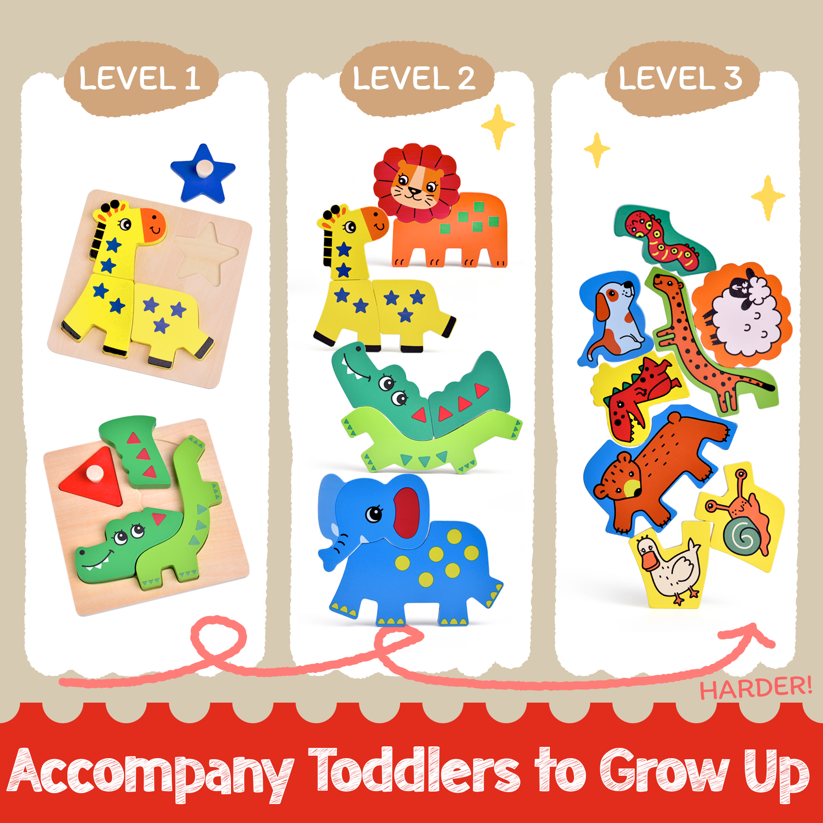 Korano Wooden Animal Puzzles for Toddlers 1-3, Your First Puzzle Set !