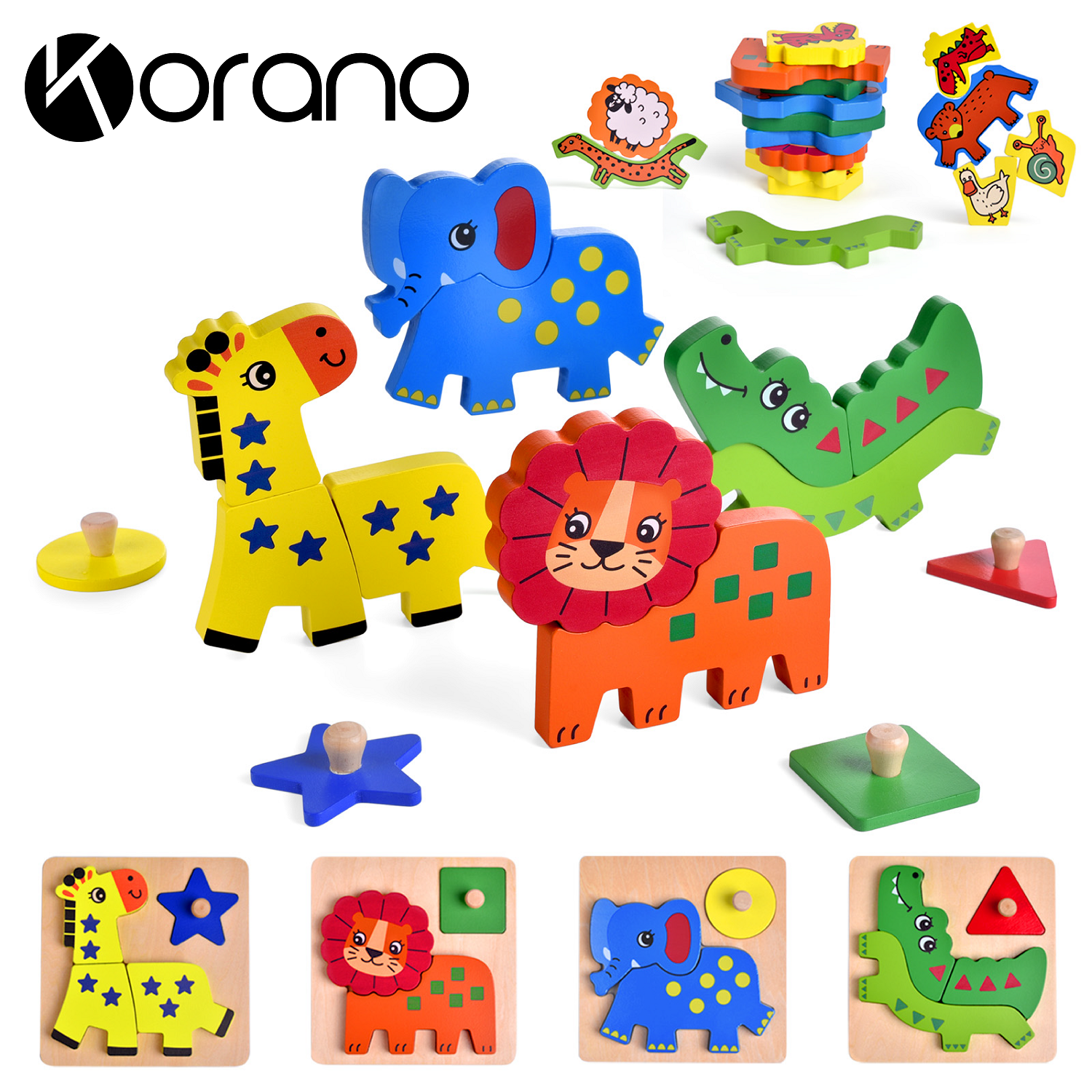 Korano Wooden Animal Puzzles for Toddlers 1-3, Your First Puzzle Set !