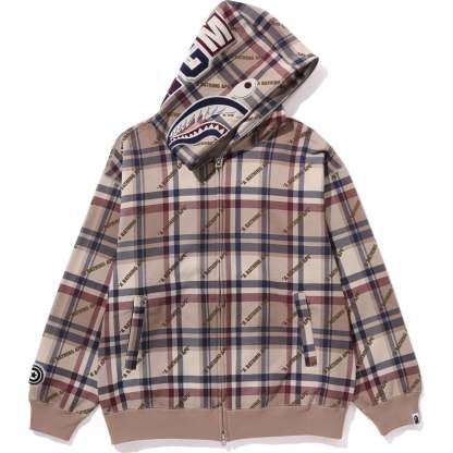 A BATHING APE LOGO CHECK PATTERN SHARK FULL ZIP HOODIE MENS-IYAMIUIO