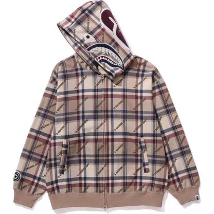 A BATHING APE LOGO CHECK PATTERN SHARK FULL ZIP HOODIE MENS-IYAMIUIO