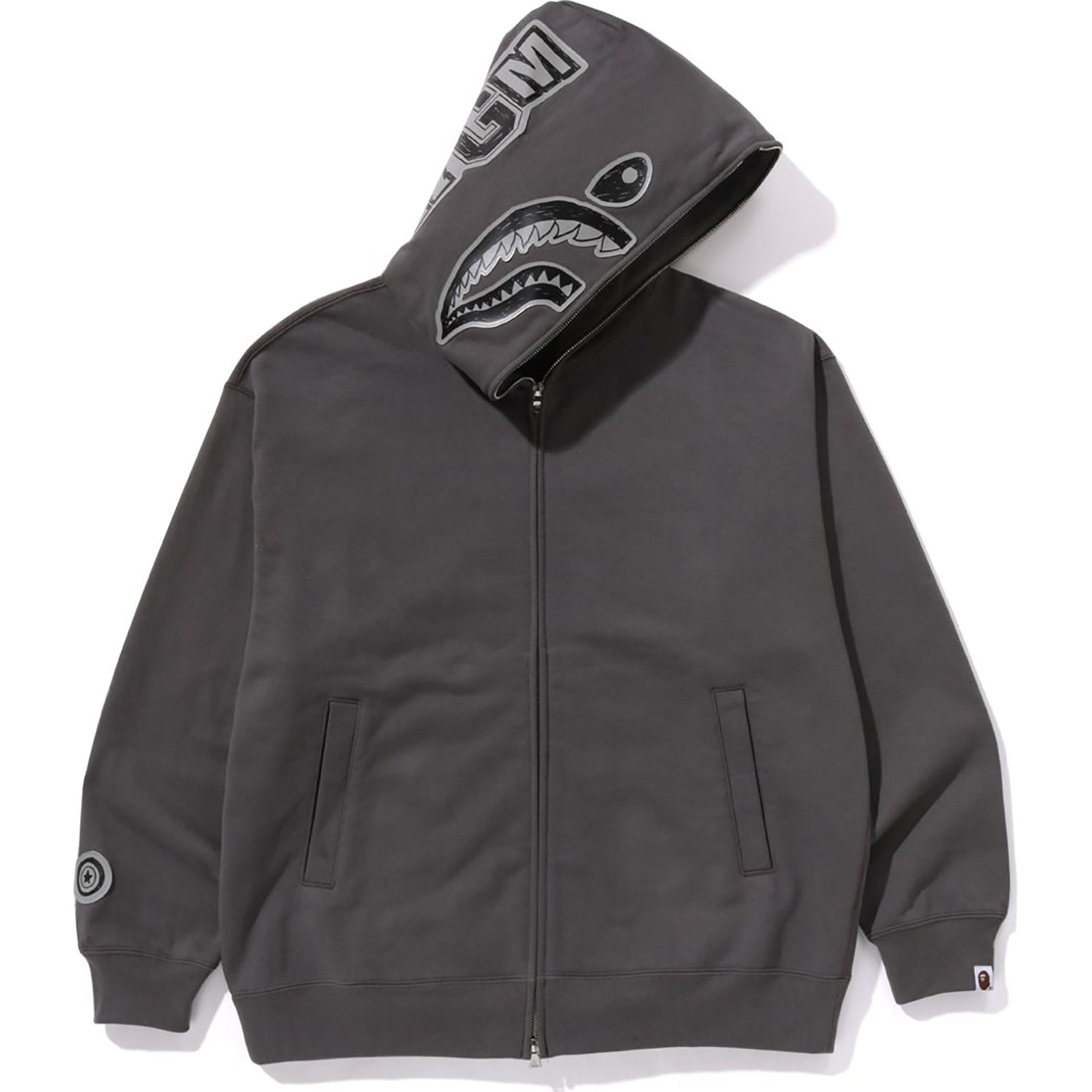 HAND DRAWN FACE RELAXED FIT SHARK FULL ZIP HOODIE MENS-IYAMIUIO