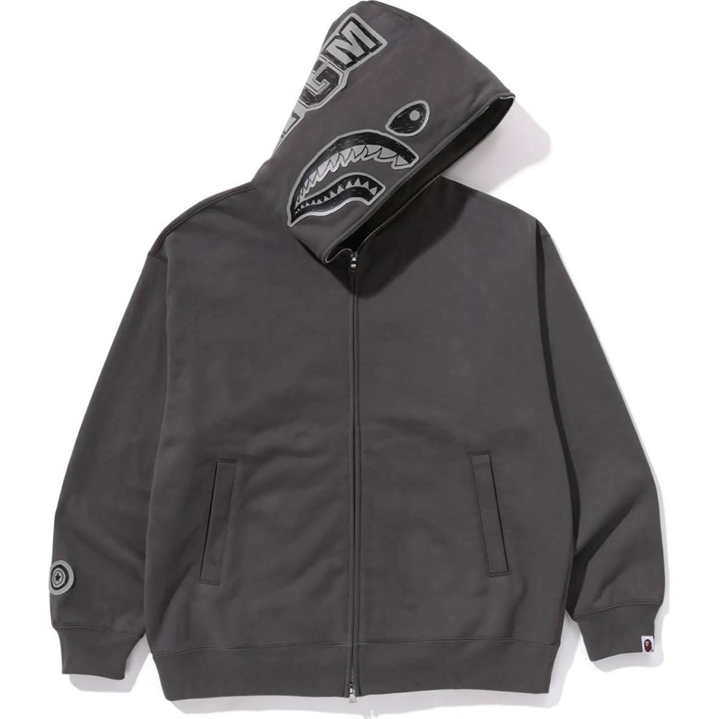 HAND DRAWN FACE RELAXED FIT SHARK FULL ZIP HOODIE MENS-IYAMIUIO