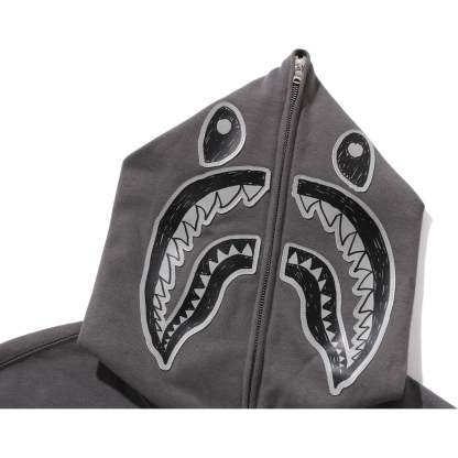 HAND DRAWN FACE RELAXED FIT SHARK FULL ZIP HOODIE MENS-IYAMIUIO