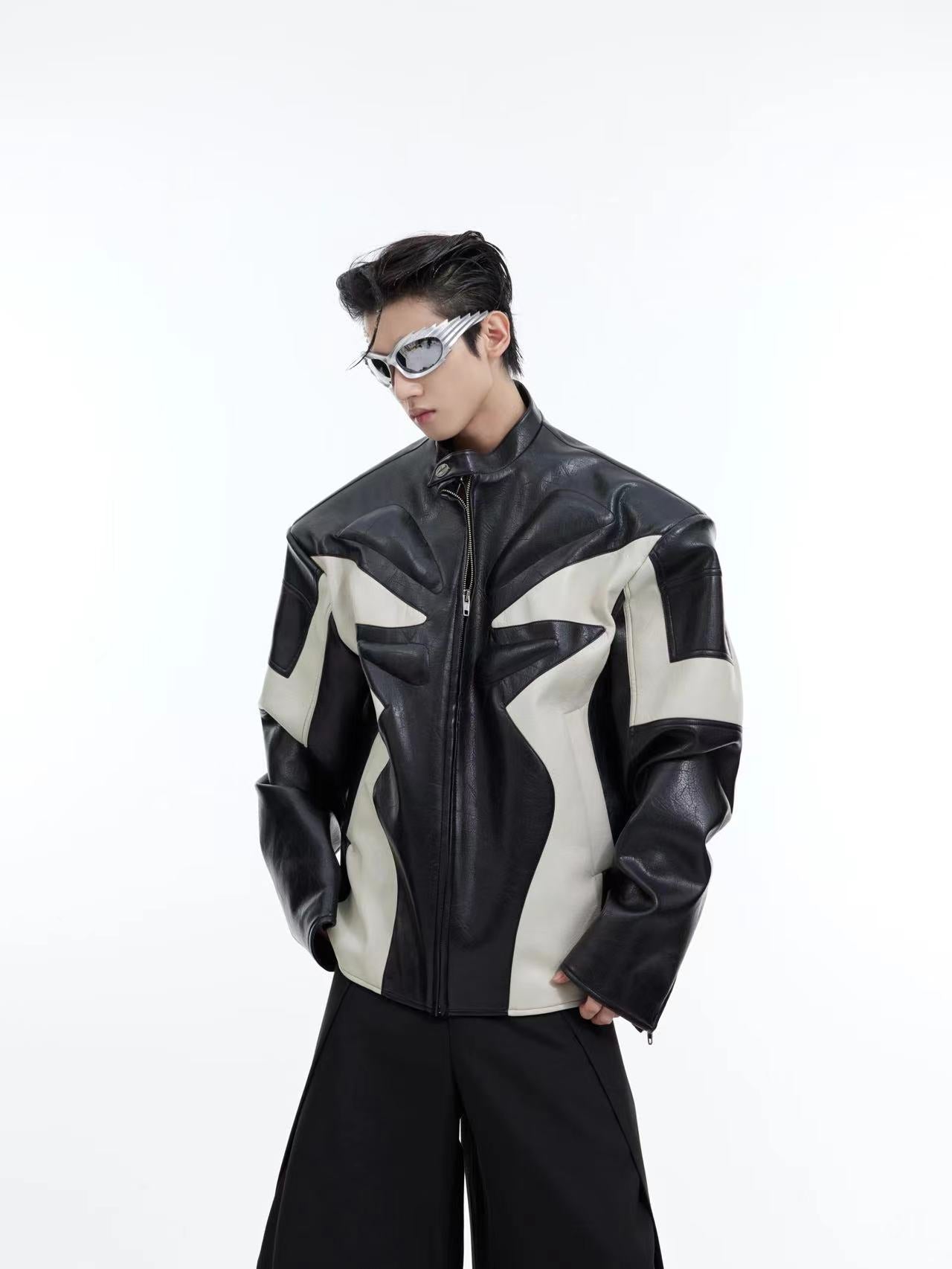 【24s February.】Embossed Color Block Leather Jacket-IYAMIUIO