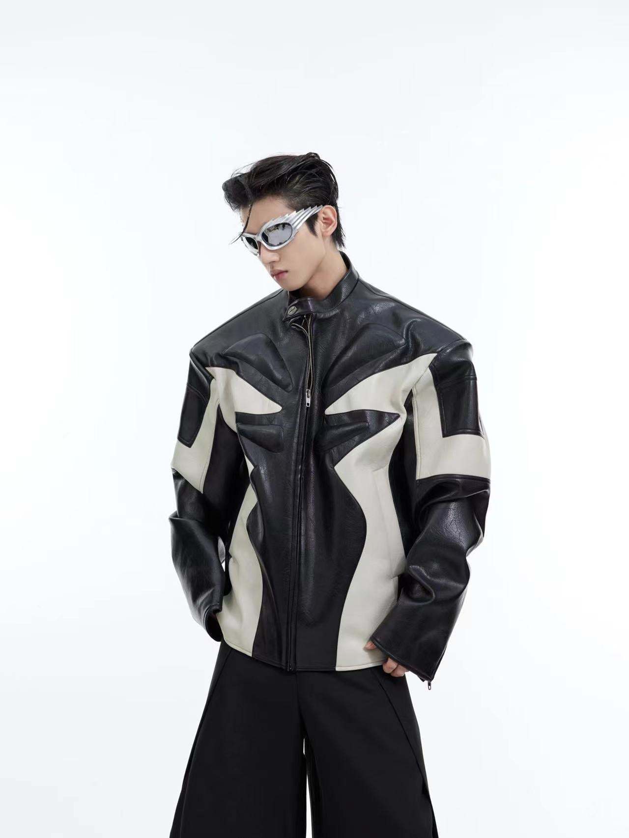 【24s February.】Embossed Color Block Leather Jacket-IYAMIUIO