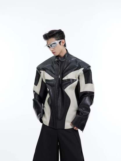 【24s February.】Embossed Color Block Leather Jacket-IYAMIUIO