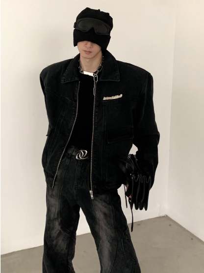 【24s March.】Retro Two-tone Shoulder Padded Denim Jacket-IYAMIUIO