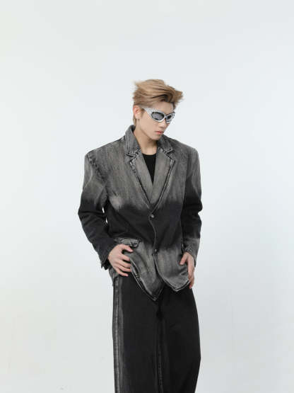 【24s March.】Black and Gray Gradient Distressed Denim Suit-IYAMIUIO