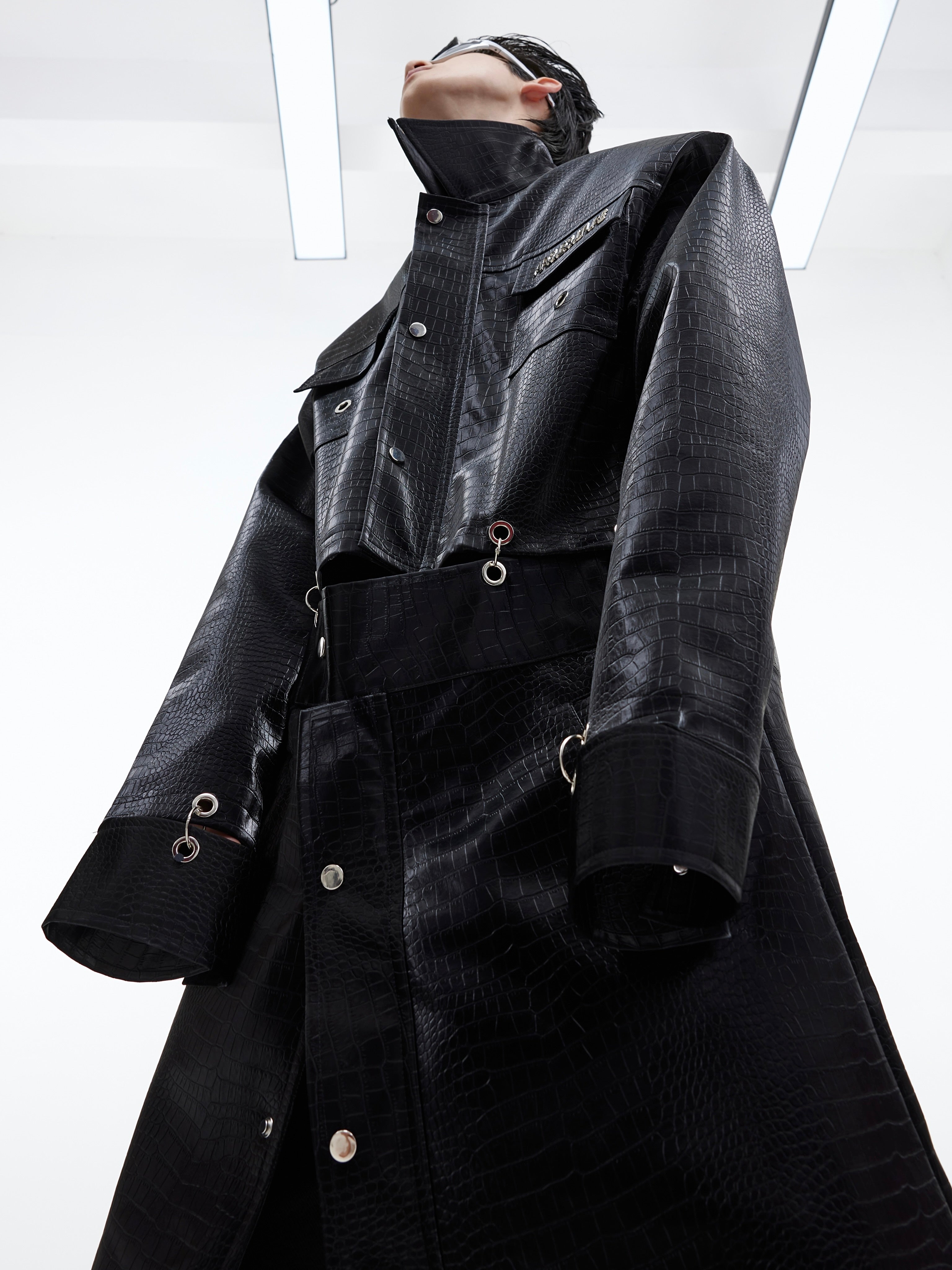 【23s September.】Crocodile-print Metal Ring Patchwork Leather Coat-IYAMIUIO