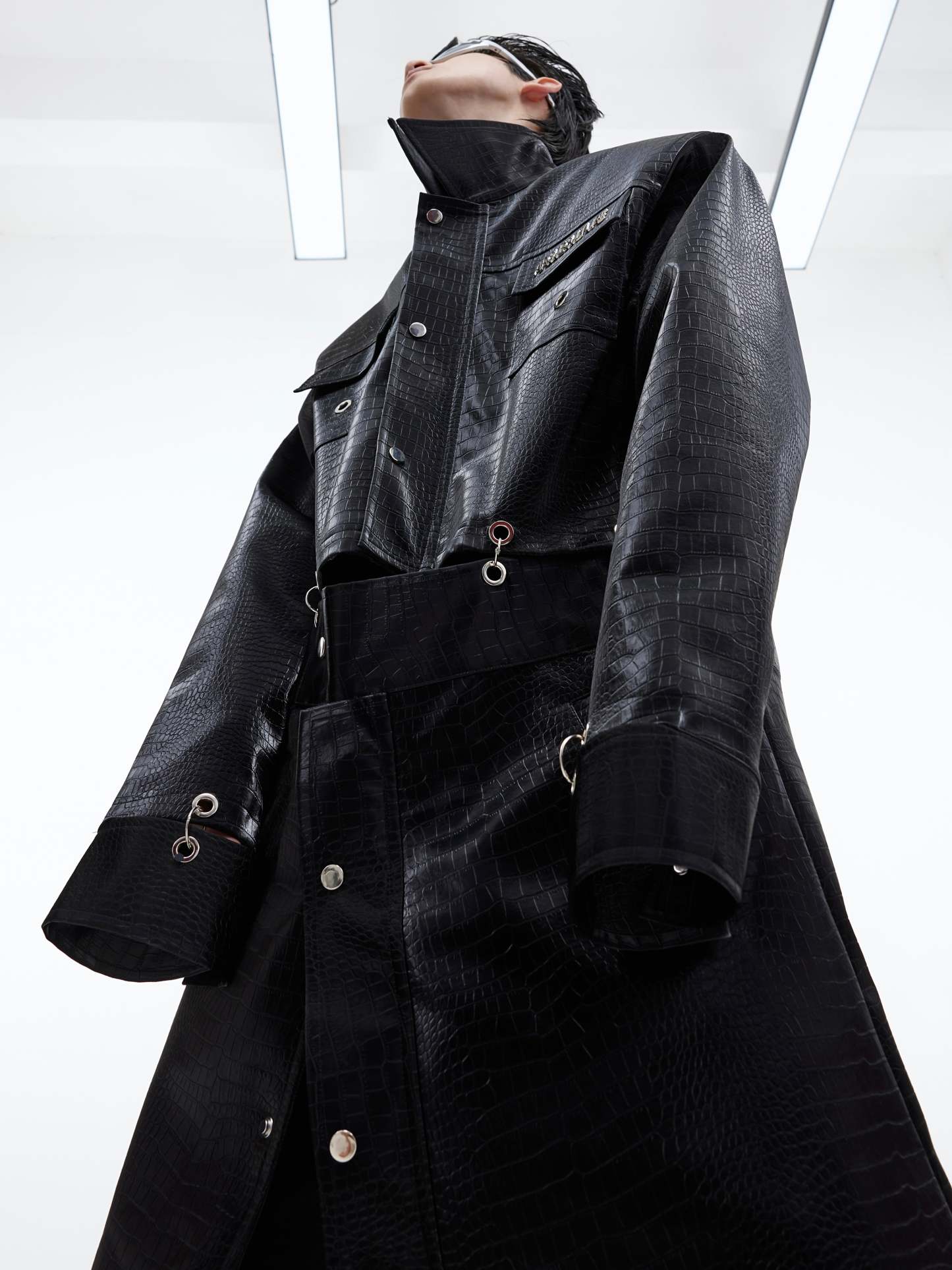 【23s September.】Crocodile-print Metal Ring Patchwork Leather Coat-IYAMIUIO