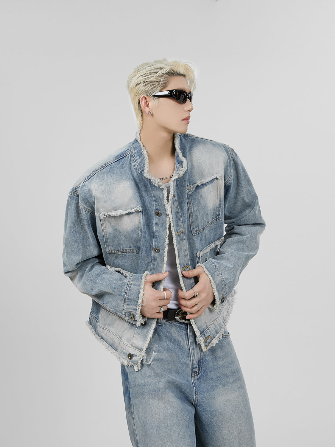【23s November.】Distressed Brushed Stand Collar Denim Jacket-IYAMIUIO