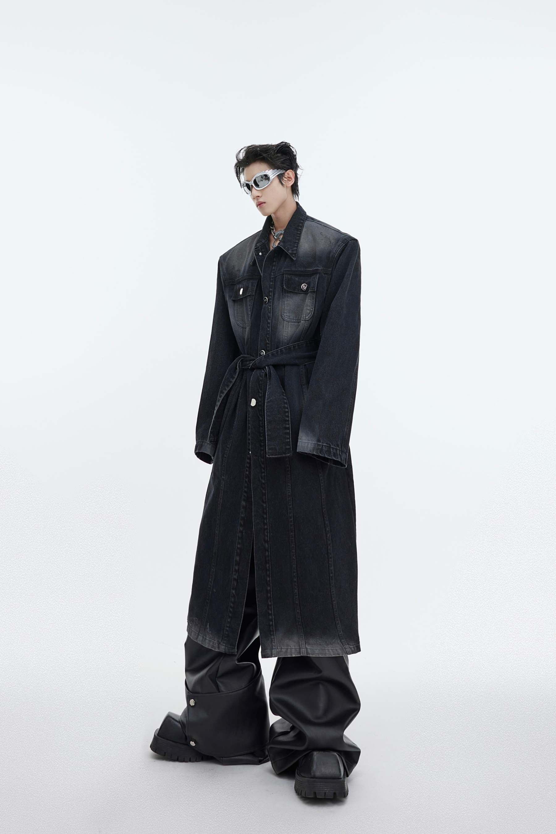 【23s November.】Distressed Washed Silhouette Long Denim Jacket-IYAMIUIO