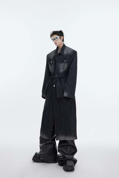 【23s November.】Distressed Washed Silhouette Long Denim Jacket-IYAMIUIO