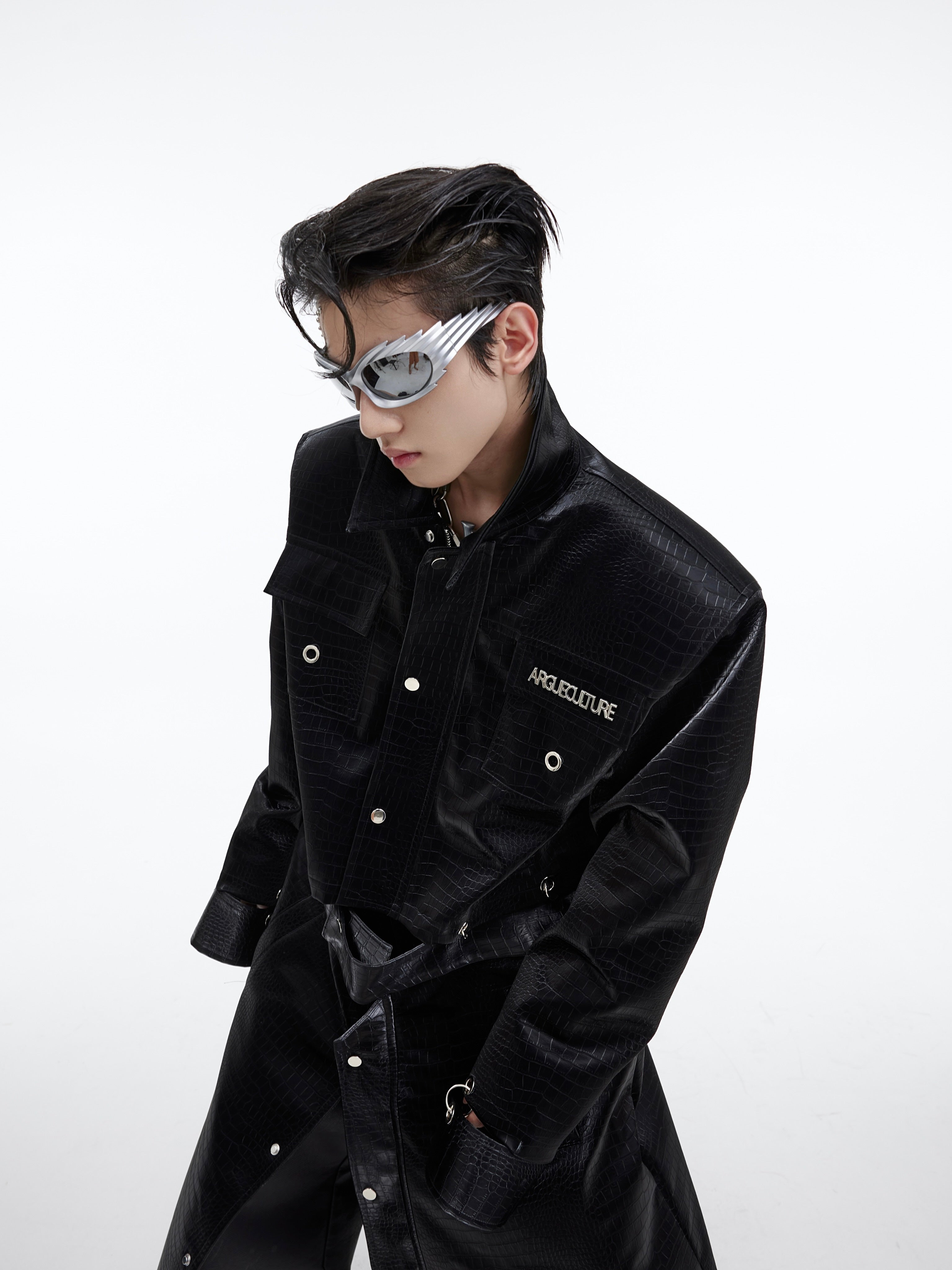 【23s September.】Crocodile-print Metal Ring Patchwork Leather Coat-IYAMIUIO