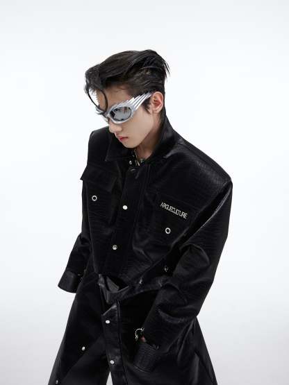 【23s September.】Crocodile-print Metal Ring Patchwork Leather Coat-IYAMIUIO