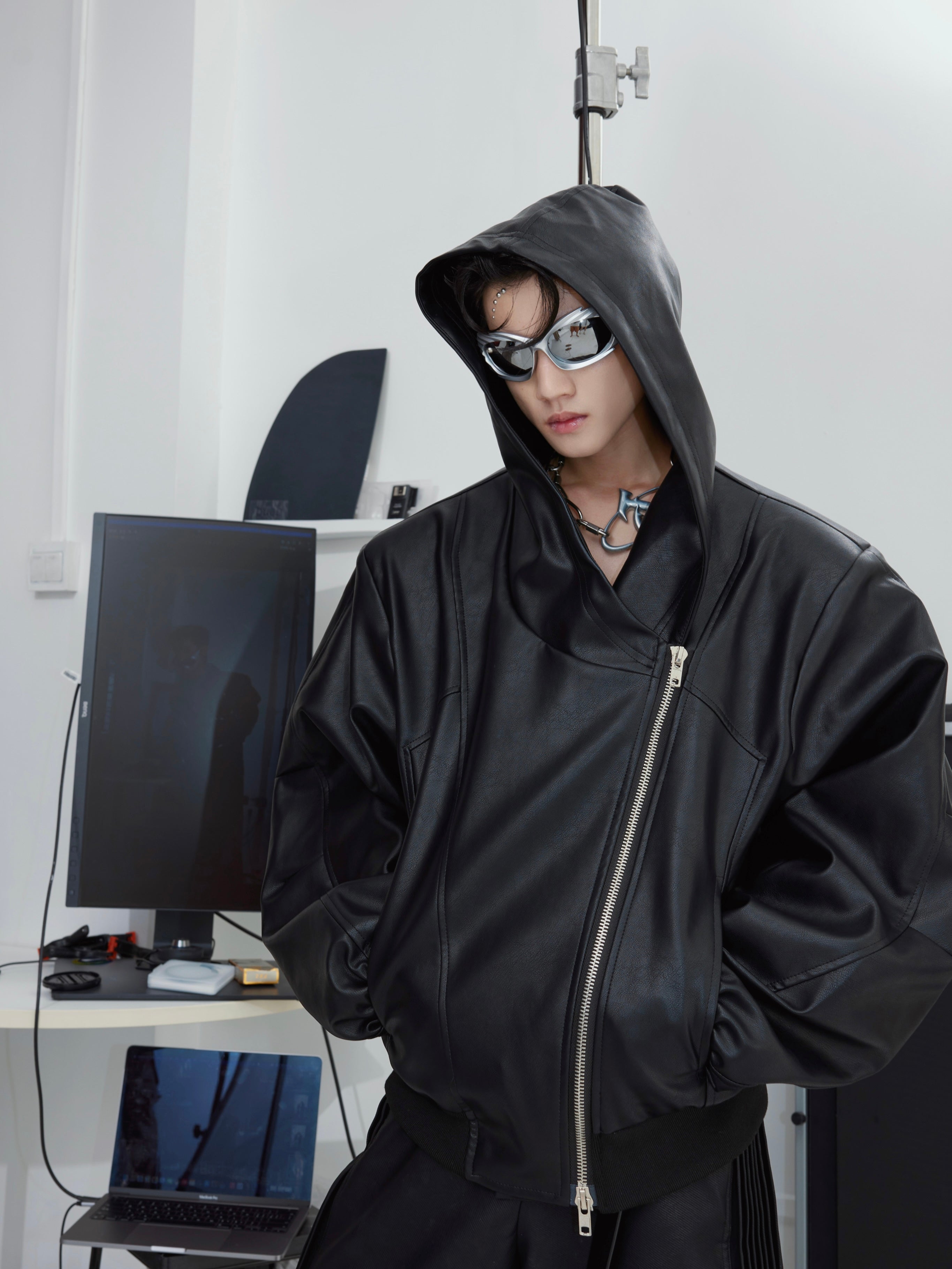 【23s September.】Niche Design Zip Hooded Leather Jacket-IYAMIUIO