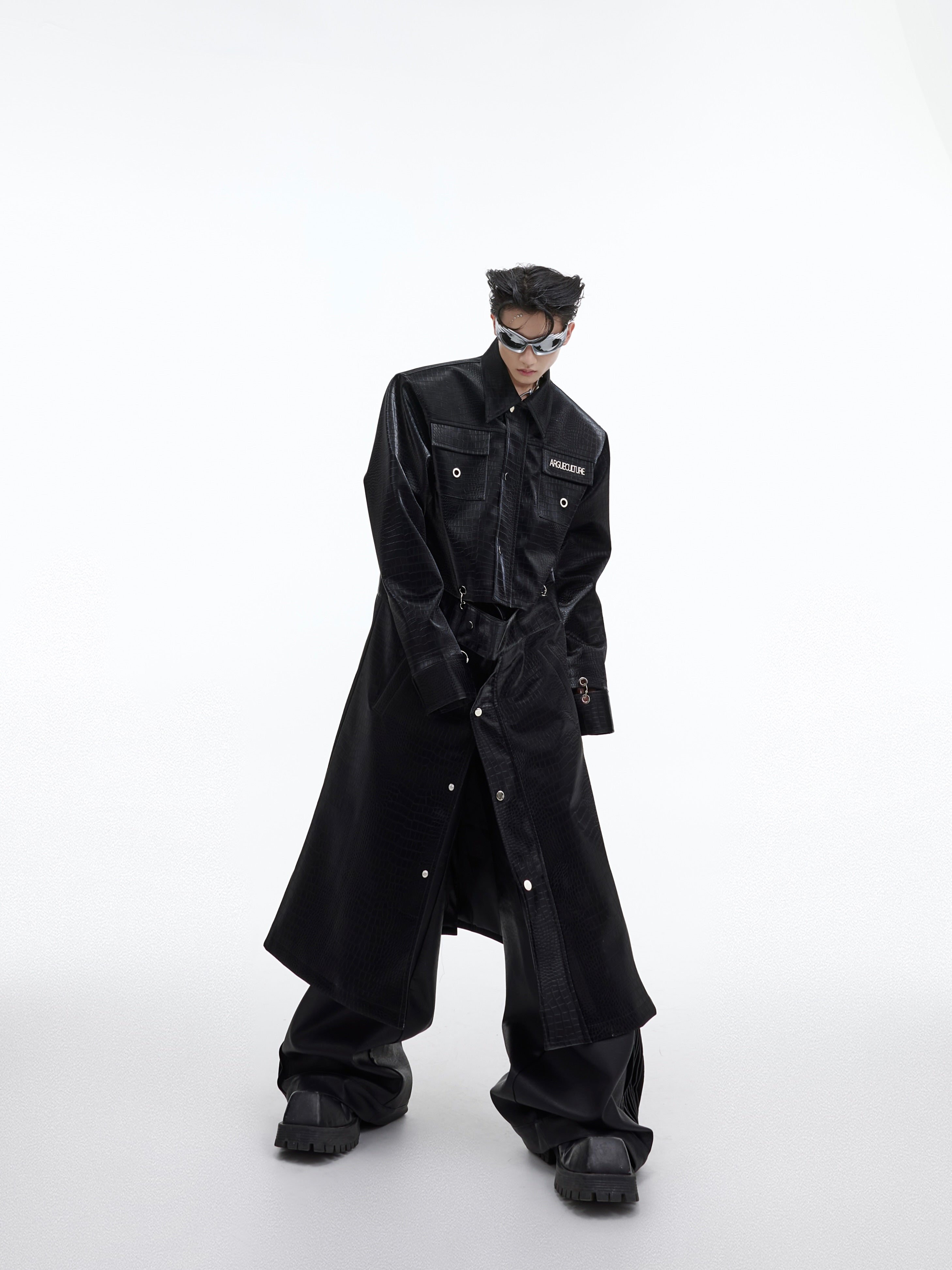 【23s September.】Crocodile-print Metal Ring Patchwork Leather Coat-IYAMIUIO