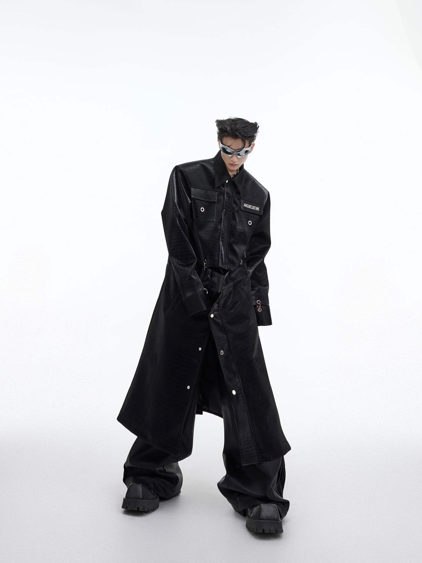 【23s September.】Crocodile-print Metal Ring Patchwork Leather Coat-IYAMIUIO