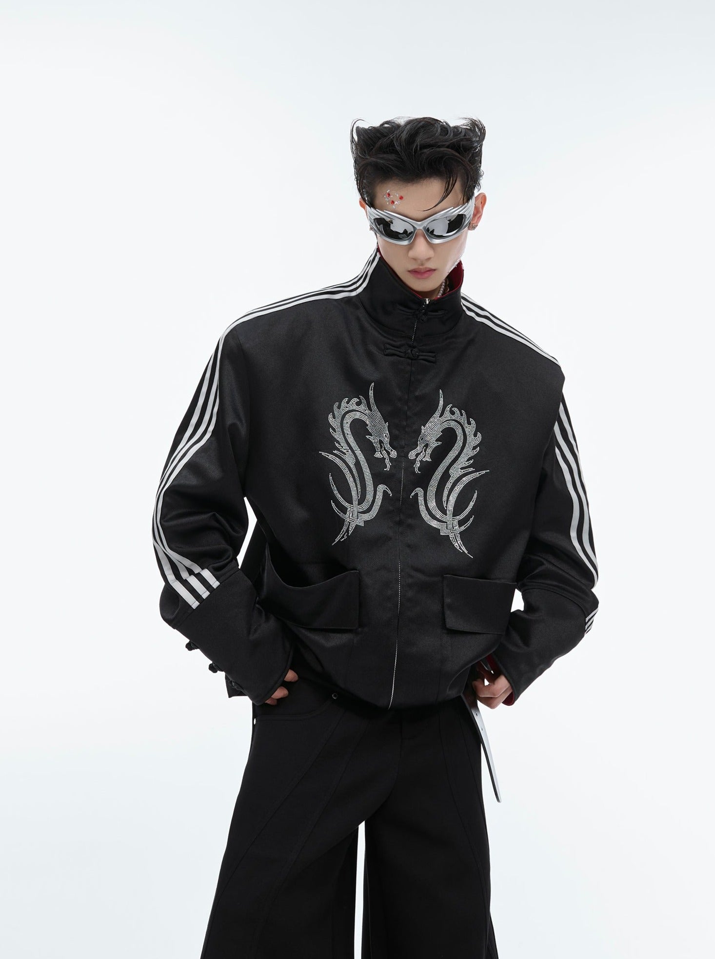 【24s May.】Stand-collar Disc-button Dragon-print Diamond-embellished Jacket-IYAMIUIO