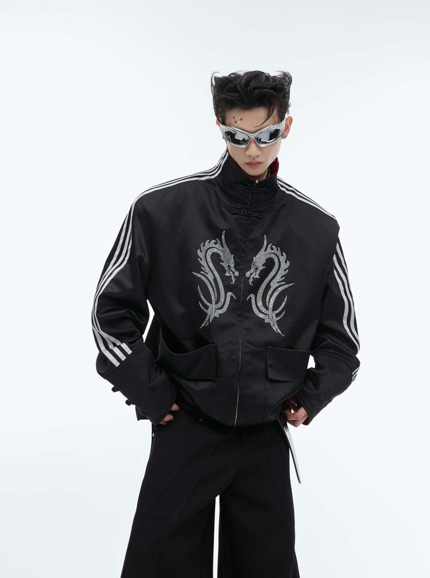 【24s May.】Stand-collar Disc-button Dragon-print Diamond-embellished Jacket-IYAMIUIO