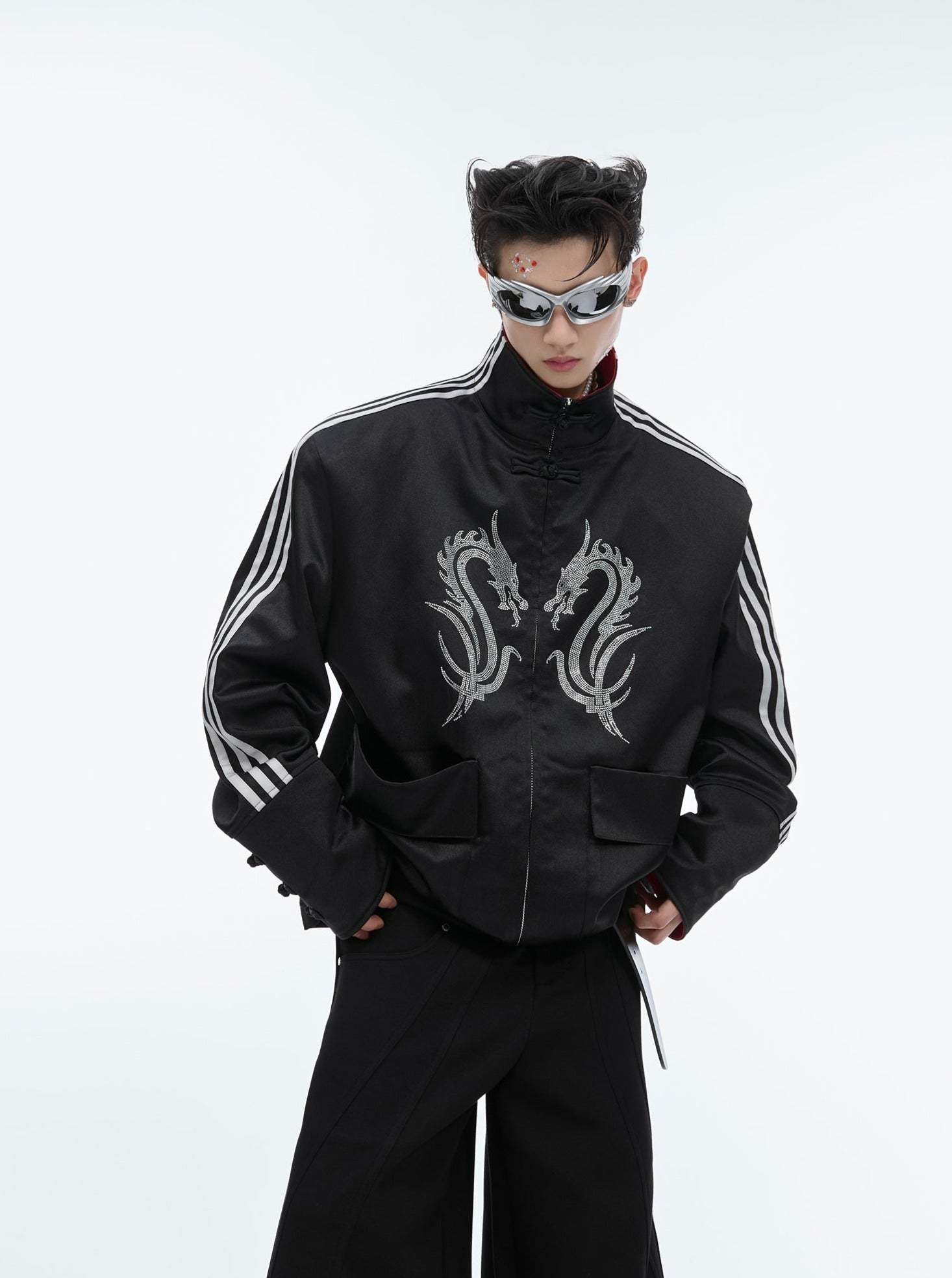 【24s May.】Stand-collar Disc-button Dragon-print Diamond-embellished Jacket-IYAMIUIO