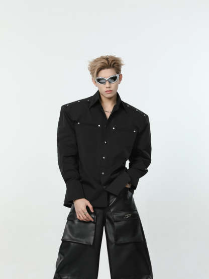 【24s March.】Metal Rivet Shoulder Pad Shirt-IYAMIUIO