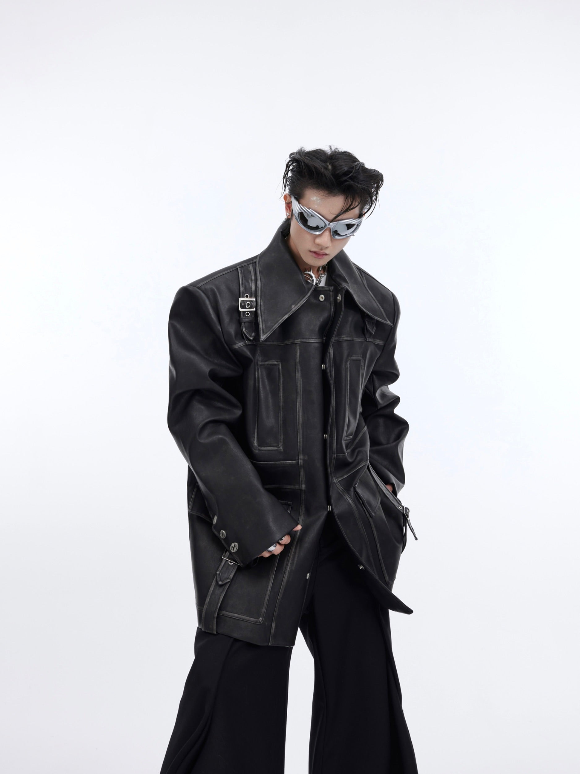【24s March.】Vintage Aged Silhouette Bone Line Design Leather Jacket-IYAMIUIO